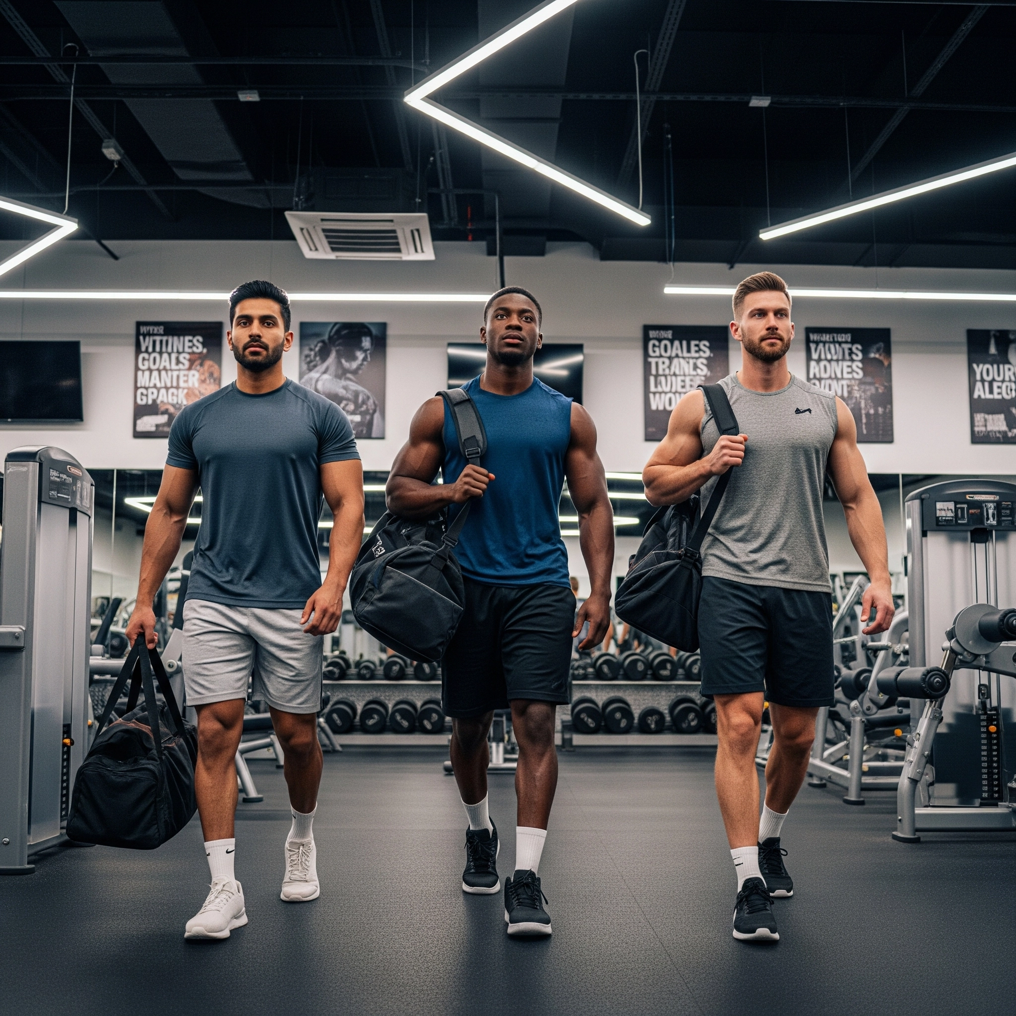 Three fit guys going to the gym